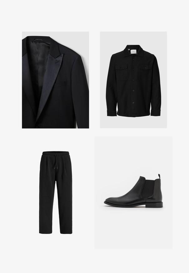 Reiss Sakko - navy; Schwarze Button-up-Jacke mit zwei Brustklappentaschen und einem umgeschlagenen Kragen, langen Ärmeln und geradem Saum.; Schwarze Sweatpants aus weichem Stoff, mit einem elastischen Bund und Kordelzug, sowie seitlichen Taschen. Gerade Beinführung mit Falten.; Schwarze Leder-Chelsea-Stiefel mit elastischen seitlichen Riemen, einer abgerundeten Kappe und einem niedrigen Absatz. Glatte Textur mit minimalistischer Gestaltung.