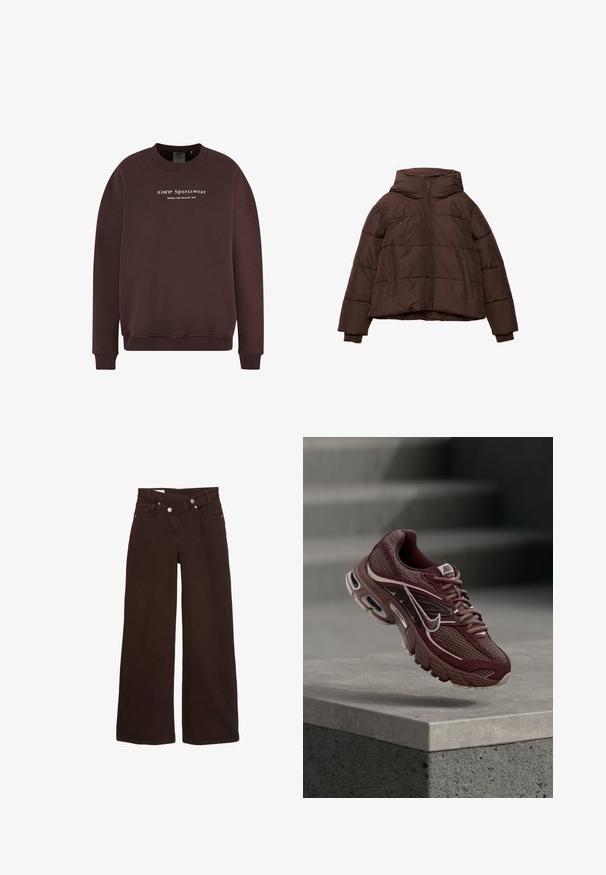 Brun pufferjakke med hætte, med en frontlynlås, quiltet design og ribbede manchetter. Materialet er glat med en mat overflade.; Brun sweatshirt med rund halsudskæring, lange ærmer og ribstrikkede manchetter. Teksten på frontlogoet læser "Aim'n Sportswear Sweden New Zealand 2013."; Brune vide ben jeans med høj talje, front lynlås og knaplukning, der har for- og baglommer.; Bordeauxrød Nike løbesko med meshstof, polstret krave, tyk sål og hvide detaljer. Designet har en rundet tå og markante snørebånd.