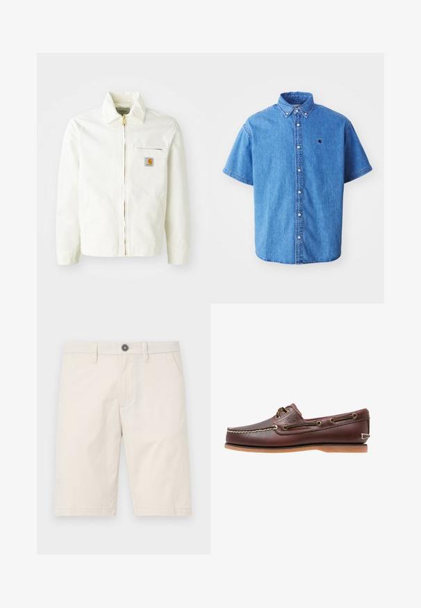 Veste en coton blanc avec col, fermeture éclair dorée et poche poitrine arborant un patch logo. Comprend des poches latérales et une coupe décontractée.; Chemise en denim à manches courtes de couleur bleu clair avec un col boutonné, comportant un logo sur la poitrine et des détails de couture visibles.; Shorts beige clair en coton, avec une coupe droite, deux poches latérales et un bouton noir à la taille.; Chaussure bateau en cuir marron avec coutures blanches, détails de lacets et semelle en caoutchouc beige, vue de côté sur fond blanc.