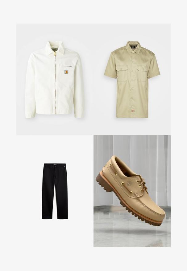 Veste en coton blanc avec col, fermeture éclair dorée et poche poitrine arborant un patch logo. Comprend des poches latérales et une coupe décontractée.; Chemise à manches courtes, couleur kaki, à boutonner, avec un col, deux poches poitrine et un petit logo brodé en bas. Texture de tissu lisse.; Pantalons en coton noirs avec une coupe droite, fermeture éclair et poches avant. Texture lisse, sans motifs visibles et matériel minimal.; Chaussure bateau en cuir marron clair avec semelle épaisse et striée et détails de lacets, flottant au-dessus d'un sol en marbre et d'un fond de stores verticaux blancs.