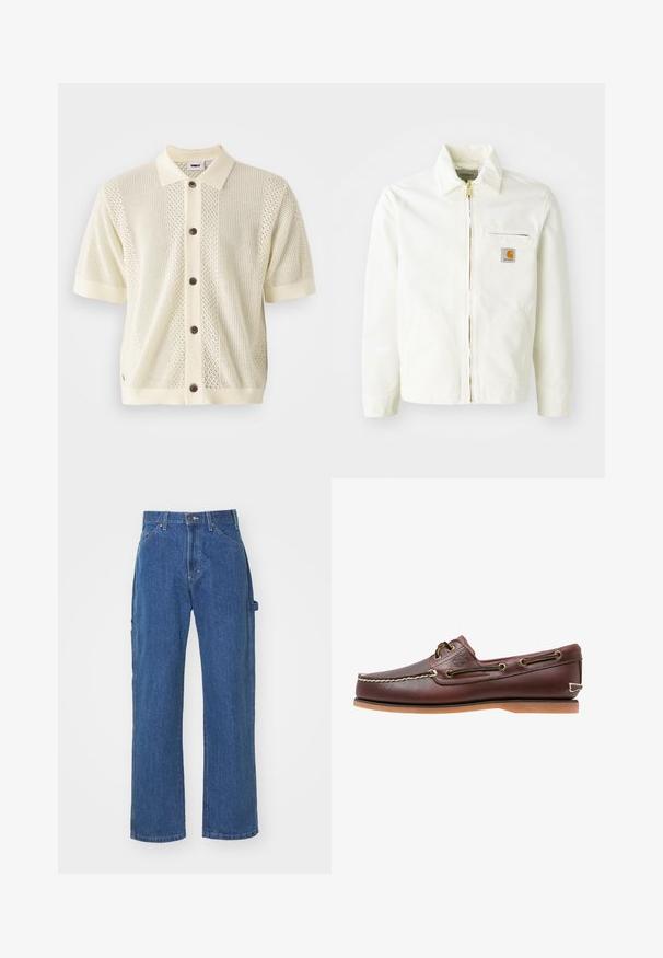 Veste en coton blanc avec col, fermeture éclair dorée et poche poitrine arborant un patch logo. Comprend des poches latérales et une coupe décontractée.; Gilet en tricot à manches courtes de couleur jaune pâle avec un col uni contrasté, cinq boutons marron et des motifs texturés sur le devant.; Jeans en denim bleu avec une coupe décontractée et une jambe droite, comprenant des poches avant et arrière et une fermeture à bouton à la taille.; Chaussure bateau en cuir marron avec coutures blanches, détails de lacets et semelle en caoutchouc beige, vue de côté sur fond blanc.