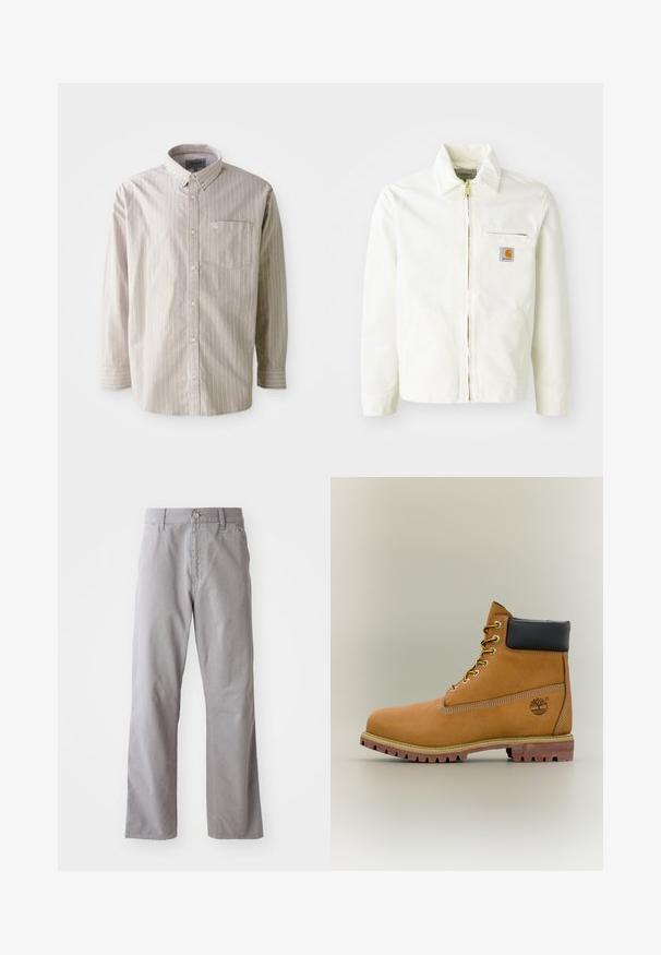 Veste en coton blanc avec col, fermeture éclair dorée et poche poitrine arborant un patch logo. Comprend des poches latérales et une coupe décontractée.; Chemise boutonnée beige clair avec des rayures blanches verticales, à manches longues et avec une poche poitrine ; fabriquée en coton avec une texture lisse.; Pantalon en coton gris à coupe droite, avec une fermeture à bouton sur le devant et des passants de ceinture. Texture lisse et détails minimalistes.; Bottine en cuir marron avec col noir, lacets jaunes et semelle beige. Présente un logo et des détails de couture blanche. Semelle extérieure à traction robuste.