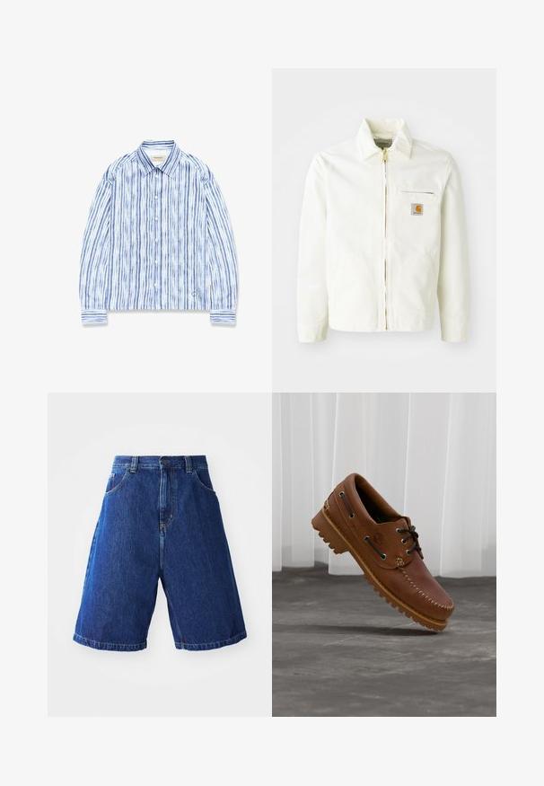 Veste en coton blanc avec col, fermeture éclair dorée et poche poitrine arborant un patch logo. Comprend des poches latérales et une coupe décontractée.; Chemise à manches longues boutonnée avec des rayures verticales bleues et blanches, col pointu, et petits logos près de l'ourlet sur un fond blanc.; Shorts en denim avec un lavage bleu, dotés d'une taille haute, de deux poches avant et de coutures jaunes le long des bords.; Chaussure de bateau en cuir marron avec des lacets noirs, des coutures beiges et une semelle robuste, suspendue au-dessus d'un sol en béton gris.