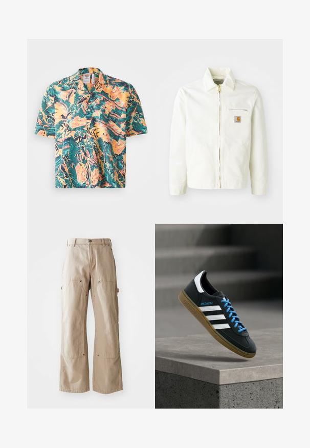 Chaqueta de algodón blanca con cuello tipo camisa, cremallera dorada y bolsillo en el pecho con un parche de logo. Incluye bolsillos laterales y un corte relajado.; Camisa de manga corta con un vibrante estampado tropical que presenta tonos verdes, naranjas y amarillos. Cuello clásico con cierre de botones y un corte relajado.; Pantalones de pierna ancha beige, confeccionados en un resistente tejido de algodón. Cuenta con bolsillos delanteros y laterales, costuras visibles y acentos de metal en los bolsillos.; Zapatilla negra Adidas con franjas blancas, cordones azules y suela de goma flotando sobre un escalón de hormigón gris con luz suave.