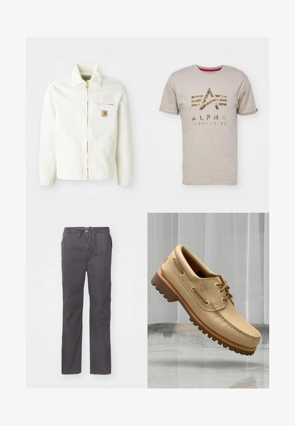 Veste en coton blanc avec col, fermeture éclair dorée et poche poitrine arborant un patch logo. Comprend des poches latérales et une coupe décontractée.; T-shirt en coton beige avec un logo à motif camouflage de "ALPHA INDUSTRIES" et cinq rayures horizontales au-dessus, à manches courtes et col rond.; Pantalons gris légers avec une coupe décontractée, taille élastique avec cordon de serrage, poches latérales et une texture lisse et douce.; Chaussure bateau en cuir marron clair avec semelle épaisse et striée et détails de lacets, flottant au-dessus d'un sol en marbre et d'un fond de stores verticaux blancs.