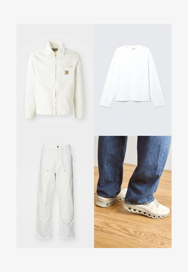 Veste en coton blanc avec col, fermeture éclair dorée et poche poitrine arborant un patch logo. Comprend des poches latérales et une coupe décontractée.; T-shirt blanc uni à manches longues avec col rond, coupe décontractée, avec une étiquette de marque visible au niveau du col, posé à plat sur un fond clair.; Pantalons cargo en coton blanc avec une coupe décontractée. Les caractéristiques incluent des poches avant, des accents en métal doré et des sections de genoux renforcées.; Baskets blanches avec une tige texturée, dotées d'une semelle épaisse avec des découpes. Portées avec un jean en denim bleu, debout sur un sol en bois.
