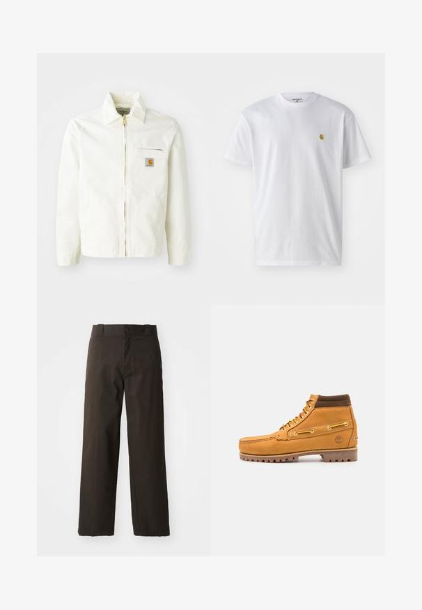 Chaqueta de algodón blanca con cuello tipo camisa, cremallera dorada y bolsillo en el pecho con un parche de logo. Incluye bolsillos laterales y un corte relajado.; Camiseta de algodón blanca con mangas cortas, cuello redondo, que presenta un pequeño logo dorado en la parte izquierda del pecho. Textura suave y corte regular.; Pantalones de algodón negros con un diseño de pierna recta, que cuentan con un cierre de botón y una cinturilla clásica. Textura suave, sin patrones ni acentos.; Timberland AUTHENTIC MID LACE BOOT - Botines con cordones - wheat