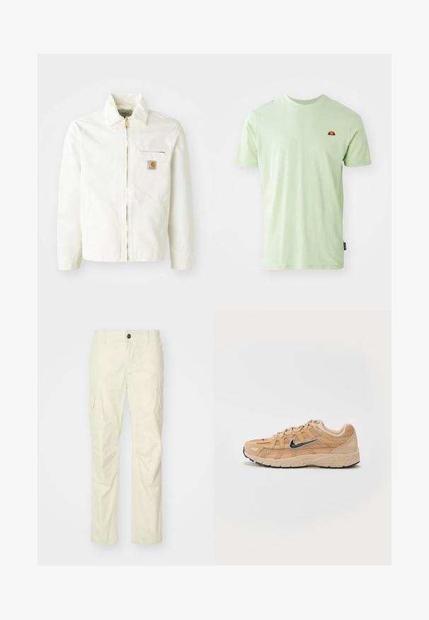 Chaqueta de algodón blanca con cuello tipo camisa, cremallera dorada y bolsillo en el pecho con un parche de logo. Incluye bolsillos laterales y un corte relajado.; Camiseta de algodón verde claro con cuello redondo, mangas cortas y un pequeño logotipo bordado en rojo y amarillo en el pecho.; Pantalones cargo beige hechos de una tela ligera, con bolsillos laterales, cierre de botón y piernas rectas. Textura suave con costuras ajustadas.; Zapatilla deportiva beige con materiales de malla y ante, silueta curva, suela negra, prominente logo plateado de Nike en el lateral y acentos texturizados.