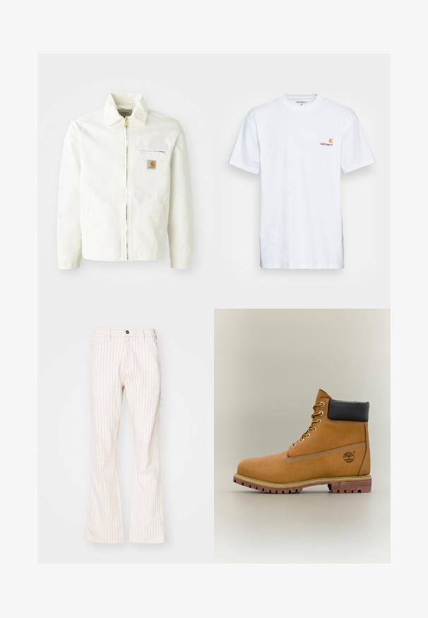 Veste en coton blanc avec col, fermeture éclair dorée et poche poitrine arborant un patch logo. Comprend des poches latérales et une coupe décontractée.; T-shirt en coton blanc à manches courtes. Doté d'un petit logo orange et bordeaux sur la poitrine gauche. Présente un col rond classique.; Pantalons évasés crème avec des rayures rouges verticales, dotés d'une fermeture à bouton, de poches latérales et d'un tissu lisse.; Bottine en cuir marron avec col noir, lacets jaunes et semelle beige. Présente un logo et des détails de couture blanche. Semelle extérieure à traction robuste.