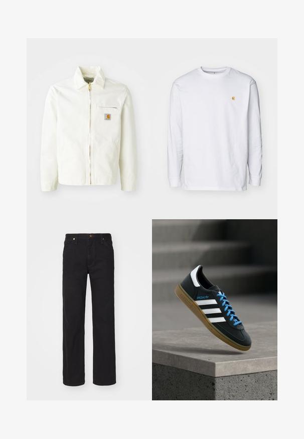 Witte katoenen jas met een kraag, gouden rits en borstzak met een logo-patch. Inclusief zijzakken en een relaxte pasvorm.; Witte lange mouwen t-shirt van katoen. Voorzien van een klein gouden logo op de borst en een ronde hals. Eenvoudig ontwerp en standaard pasvorm.; Zwarte rechte spijkerbroek met voorzakken, riemlussen en een knoopsluiting op een effen achtergrond.; Zwarte Adidas-sneaker met witte strepen, blauwe veters en een gumzool die boven een grijze betonnen trede zweeft in zacht licht.