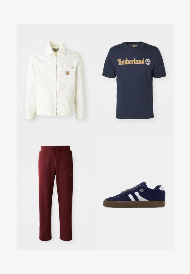 Hvid bomuldsjakke med krave, guld lynlås og brystlomme med logo-patch. Inkluderer sidelommer og en afslappet pasform.; Mørkeblå bomulds t-shirt med et iøjnefaldende gult "Timberland" logo og et træ ikon, med rund hals og korte ærmer.; Burgunderfarvede sweatpants lavet af blødt materiale, med en justerbar snor i taljen og en sidelomme med et logo-patch.; Mørkeblå ruskinds sneakers med hvide striber, grå snørebånd og en tekstureret brun gummisål. Har et logo på siden og en polstret krave.
