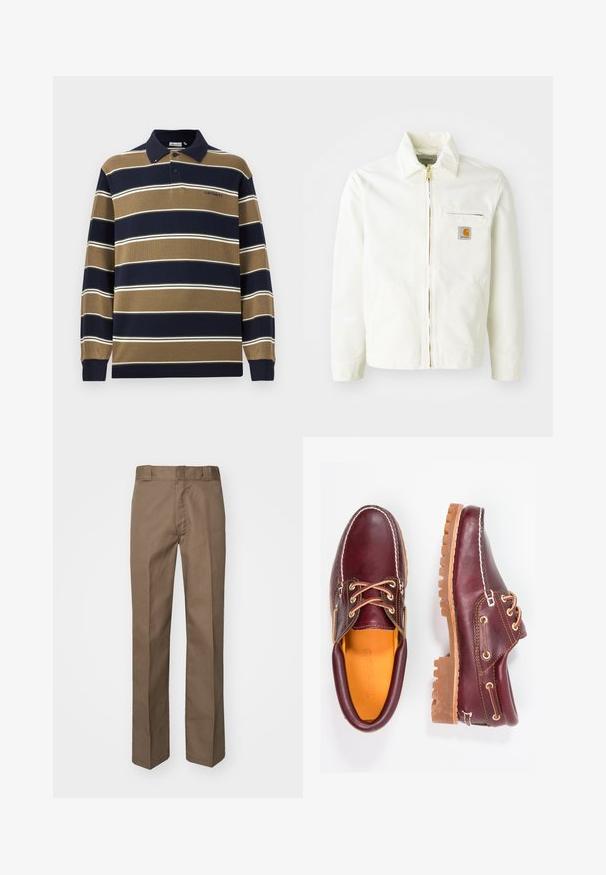 Witte katoenen jas met een kraag, gouden rits en borstzak met een logo-patch. Inclusief zijzakken en een relaxte pasvorm.; Poloshirt met lange mouwen in marineblauw, beige en witte verticale strepen; beschikt over een kraag, drie knopen aan de voorkant en een geborduurd logo op de borst.; Brown trousers met een vlakke voorkant, rechte pijpen en een klassieke tailleband. Gemaakt van duurzame stof, zonder zichtbare patronen of versieringen.; Bordeaux leren schoenen met bruine rubberen zolen, ronde neus, witte stiksels en gouden veterogen. Het interieur heeft een gele voering.