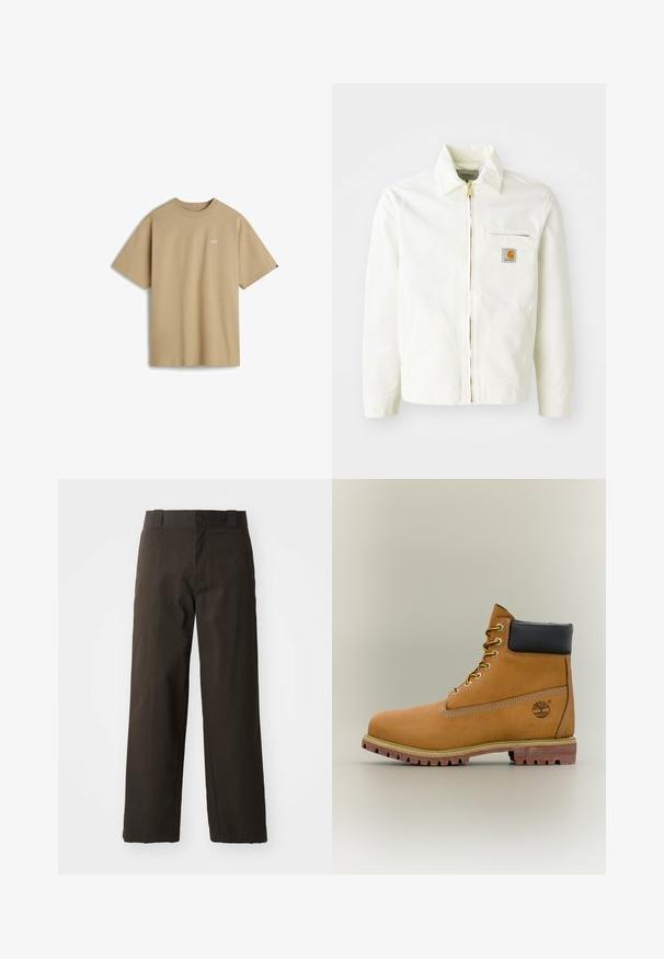 Chaqueta de algodón blanca con cuello tipo camisa, cremallera dorada y bolsillo en el pecho con un parche de logo. Incluye bolsillos laterales y un corte relajado.; Camiseta de manga corta beige hecha de algodón, con un pequeño logo blanco en el lado izquierdo del pecho y un cuello redondo. Diseño simple y sin adornos.; Pantalones de algodón negros con un diseño de pierna recta, que cuentan con un cierre de botón y una cinturilla clásica. Textura suave, sin patrones ni acentos.; Bota de tobillo de cuero marrón con cuello negro, cordones amarillos y suela beige. Presenta un logotipo y detalles de costura blanca. Suela exterior con tracción robusta.