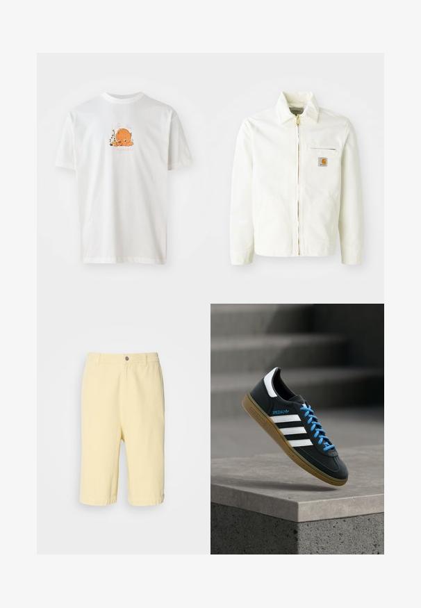 Hvid bomuldsjakke med krave, guld lynlås og brystlomme med logo-patch. Inkluderer sidelommer og en afslappet pasform.; Hvid bomulds t-shirt med rund halsudskæring. Forsiden viser en orange tegneseriefigur omgivet af blomster og tekst i pink.; Gule bomulds-shorts med lige snit, der har en frontlukning med knap og opsmøg. Glat tekstur, afslappet design.; Sort Adidas sneaker med hvide striber, blå snørebånd og gummisål, der svæver over gråt betontrin i blødt lys.