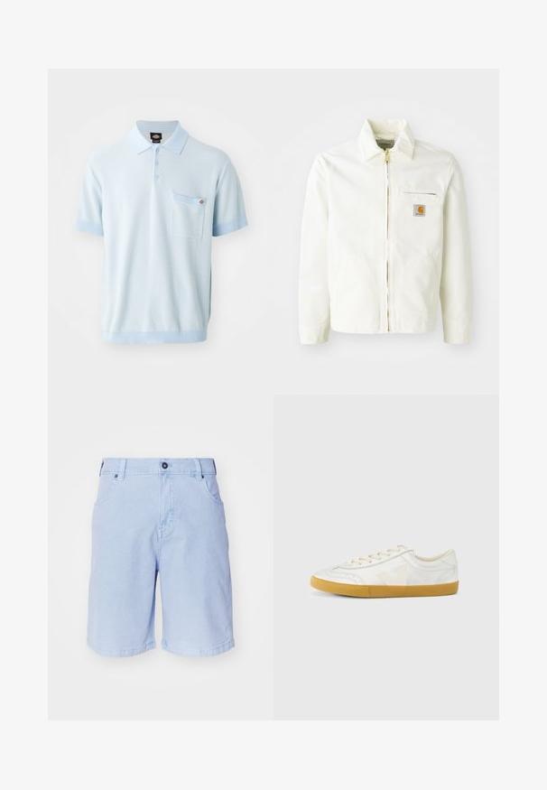 Veste en coton blanc avec col, fermeture éclair dorée et poche poitrine arborant un patch logo. Comprend des poches latérales et une coupe décontractée.; Polo shirt bleu clair en tissu texturé, doté de trois boutons, de manches courtes avec des poignets contrastés et d'une poche poitrine avant.; Shorts bleu clair en coton. Comprend une fermeture à bouton, deux poches avant et une coupe droite avec ourlets roulés.; Baskets en cuir blanc à texture lisse, avec un logo "V" beige, un bout rond, un design à lacets et une semelle en caoutchouc gomme.