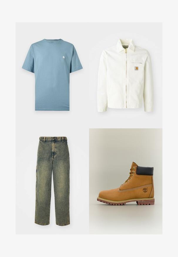 Chaqueta de algodón blanca con cuello tipo camisa, cremallera dorada y bolsillo en el pecho con un parche de logo. Incluye bolsillos laterales y un corte relajado.; Camiseta azul claro de manga corta con cuello redondo y un pequeño logo blanco en el pecho izquierdo, mostrada sobre un fondo liso.; Jeans de denim holgados en un lavado azul y verde descolorido. Presenta un cierre de botón, pasadores para el cinturón y bolsillos laterales. Diseño de frente plano y pierna recta.; Bota de tobillo de cuero marrón con cuello negro, cordones amarillos y suela beige. Presenta un logotipo y detalles de costura blanca. Suela exterior con tracción robusta.