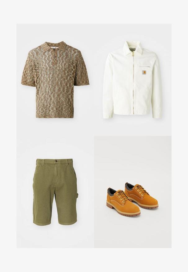 Witte katoenen jas met een kraag, gouden rits en borstzak met een logo-patch. Inclusief zijzakken en een relaxte pasvorm.; Korte mouwen polo in een tan, gestructureerde brei met golfpatronen. Heeft een kraag en een bruine knoop bij de hals.; Olijfgroene katoenen cargoshorts met een knoopsluiting, riemlussen, zijzakken en een licht gestructureerde stofafwerking.; Bruine suède schoenen met een ronde neus, gele veters, een gewatteerde zwarte kraag en rubberen zolen met gripgroeven.