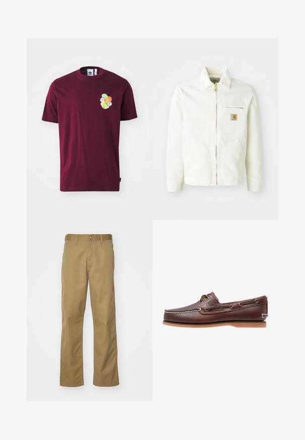 Witte katoenen jas met een kraag, gouden rits en borstzak met een logo-patch. Inclusief zijzakken en een relaxte pasvorm.; Bordeaux katoen T-shirt met korte mouwen en een ronde hals. Voorzien van een geborduurd ontwerp op de linkerkant van de borst, inclusief kleurrijke cirkelvormige patronen.; Khaki chino's met een recht gesneden ontwerp, gemaakt van soepel katoenstof. Voorzien van een knoopsluiting aan de voorkant en zijzakken.; Bruine leren bootschoen met witte stiksels, veterdetails en beige rubberen zool, zijaanzicht op een witte achtergrond.