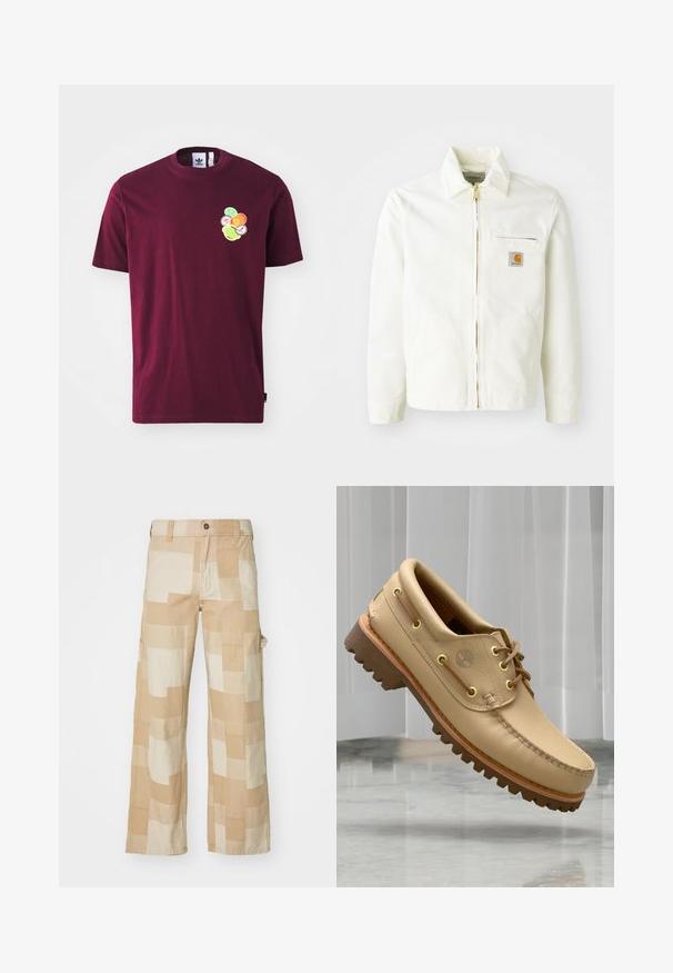 Hvid bomuldsjakke med krave, guld lynlås og brystlomme med logo-patch. Inkluderer sidelommer og en afslappet pasform.; Mørkerød bomulds t-shirt med korte ærmer og rund hals. Indeholder en broderet grafik på venstre bryst, inklusive farverige cirkulære design.; Beige cargo bukser med et geometrisk patchwork design i forskellige nuancer af creme. Lavet af slidstærkt stof med sidelommer.; Lysbrune læderbådsko med tyk, rillet sål og snøre detaljer, svævende over et marmor gulv med baggrund af hvide lodrette persienner.