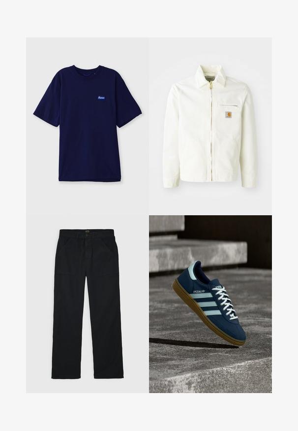 Hvid bomuldsjakke med krave, guld lynlås og brystlomme med logo-patch. Inkluderer sidelommer og en afslappet pasform.; Marineblå bomulds-t-shirt med rund hals, korte ærmer og et lille rektangulært mærke i blå og hvid på venstre bryst.; Stan Ray FAT PANT - Jeans Straight Leg - black; Blå Adidas Spezial sneaker med hvide striber og snørebånd, gummisål, svævende over en ru betongoverflade og trin i baggrunden.