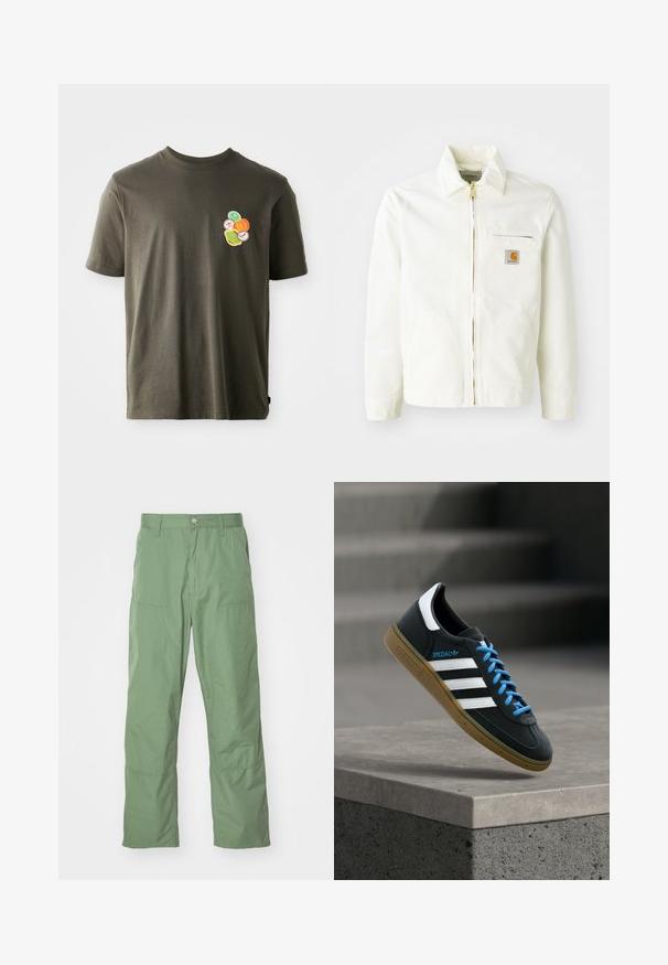 Hvid bomuldsjakke med krave, guld lynlås og brystlomme med logo-patch. Inkluderer sidelommer og en afslappet pasform.; Mørkeolivengrøn bomulds t-shirt med rund hals. Har et farverigt trykt design af cirkulære former på venstre brystområde.; Lysgrønne, afslappede bukser med en glat tekstur, der har sidelommer og synlige syninger. Hel længde med et lige ben-design.; Sort Adidas sneaker med hvide striber, blå snørebånd og gummisål, der svæver over gråt betontrin i blødt lys.