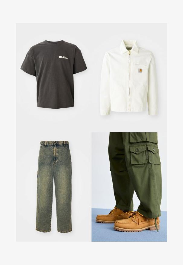 Hvid bomuldsjakke med krave, guld lynlås og brystlomme med logo-patch. Inkluderer sidelommer og en afslappet pasform.; Mørkegrå T-shirt med korte ærmer med "Dickies." logo i hvid på venstre bryst, rund halsudskæring og en afslappet pasform.; Slidse denim jeans i en falmet blå og grøn vask. Har en knaplukning, bælteløkker og sidelommer. Flad front og lige ben-design.; Timberland AUTHENTIC 3 EYE - Sejlersko - wheat