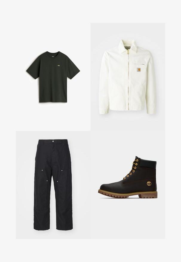 Chaqueta de algodón blanca con cuello tipo camisa, cremallera dorada y bolsillo en el pecho con un parche de logo. Incluye bolsillos laterales y un corte relajado.; Vans Camiseta básica - dark green; Pantalones negros de una tela texturizada, con una cintura alta, corte holgado y bolsillos frontales con herrajes de botón a presión en tono plateado.; Bota de cuero negro de tobillo con ojales dorados, acentos marrones y suela de goma. Presenta un cuello acolchado y un logotipo en relieve en el costado.