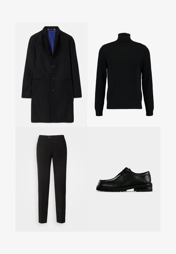 Manteau en laine noir au design ajusté, à revers cranté, fermeture à cinq boutons, poches latérales et doublure en satin bleu.; Un pull à col roulé noir en matière tricotée douce. Il possède des manches longues, un col et un ourlet côtelés. Son design est simple et épuré, sans motifs.; Pantalons droits noirs en tissu lisse, dotés d'une fermeture à bouton et de poches latérales avec un design classique.; Chaussure en cuir noir à lacets avec semelle épaisse en caoutchouc et couture moc toe, vue de profil gauche sur fond clair uni.