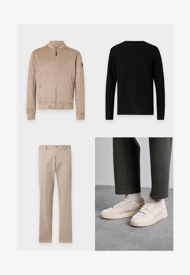 Veste bomber matelassée beige avec une fermeture à glissière sur le devant, des poignets et un ourlet côtelés. Poches latérales avec accents à boutons-pression et une finition en tissu texturé.; Pull en maille noir avec un col rond et des manches longues. Texture lisse et couleur unie, sans motifs ni accents visibles.; Pantalon beige à jambes droites avec passants pour ceinture, fermeture avant par bouton, et poches, présenté sur un fond blanc uni.; Baskets beiges en suède et mesh, avec des accents perforés, des lacets plats et une semelle épaisse. Portées avec un pantalon en velours côtelé vert.