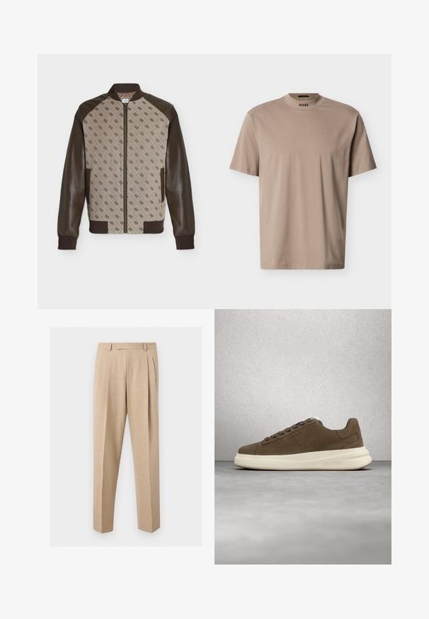Beige og brun bomberjakke med mønstret frontpanel med gentagende logo, brune læderærmer, ribstrikkede manchetter, krave og lynlås.; Beige T-shirt med korte ærmer og høj rund hals med "BOSS"-branding på kraven. Fremstillet af blødt stof med en glat tekstur.; Beige skræddersyede bukser med frontplisser, bæltestropper og lige ben, vist mod en ensartet lys baggrund.; Brune ruskinds sneakers med en cremet gummisål, flade snørebånd og et logo på siden. Letvægtsdesign og glat tekstur.