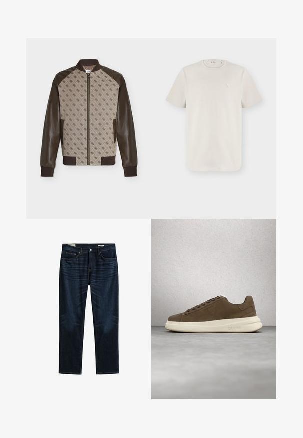 Beige en bruine bomberjack met patroon op het voorpaneel met herhalend logo, bruine leren mouwen, geribde boorden, kraag en ritssluiting.; Lichtbeige T-shirt met korte mouwen en een ronde hals met een klein driehoekig logo aan de linkerkant van de borst.; Donkerblauwe jeans met rechte pijpen, voor- en achterzakken, knoopsluiting en subtiele 'whiskering'-details op de dijen.; Bruine suède sneaker met een crèmekleurige rubberen zool, platte veters en een logo aan de zijkant. Lichtgewicht ontwerp en gladde textuur.