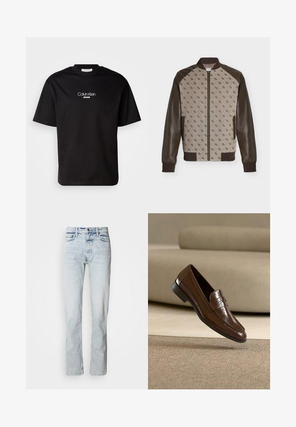 Chaqueta bomber beige y marrón con panel frontal estampado que presenta un logo repetido, mangas de cuero marrón, puños acanalados, cuello y cierre de cremallera.; Camiseta de algodón negra con cuello redondo, mangas cortas y logotipo blanco "Calvin Klein JEANS" en el frente. Diseño simple y de corte recto.; Vaqueros de mezclilla azul claro con corte recto, textura desgastada, diseño de cinco bolsillos y cierre clásico de botón en la cintura.; Mocasín de cuero marrón con un patrón texturizado flotando sobre una alfombra beige con un sofá beige a juego de fondo.