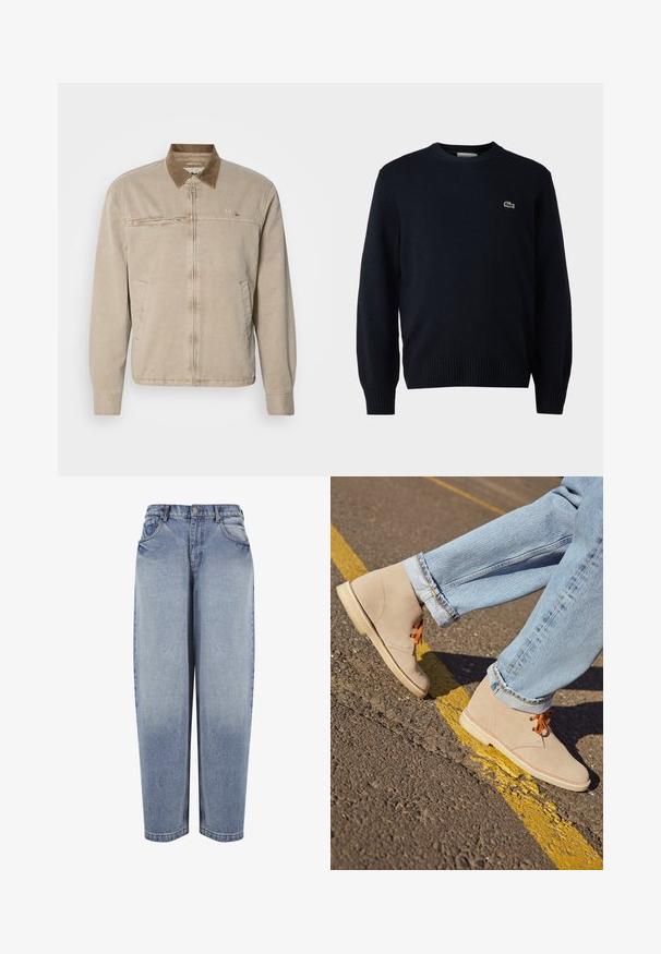 Beige jasje met een bruine corduroy kraag, ritssluiting aan de voorkant en twee zijzakken. Kenmerkt zich door een klein logo op de borst en een gestructureerde stof.; Marine crewnecktrui gemaakt van zacht materiaal, met ribgebreide manchetten en zoom. Klein groen Lacoste-logo op de borst.; Blauwe high-waisted, loszittende denim jeans met voorzakken, riemlussen, knoopsluiting en vervaagde details langs de benen.; Beige suède enkellaarsjes met oranje veters, ronde neus en een lichte rubberen zool, gecombineerd met opgerolde lichtblauwe denim jeans.