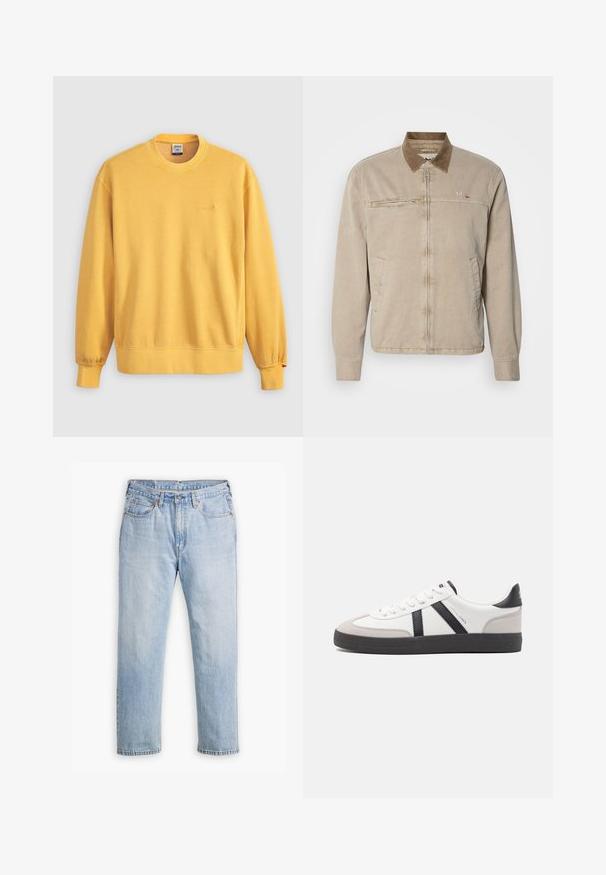 Veste beige avec un col en velours côtelé marron, fermeture éclair à l'avant et deux poches latérales. Présente un petit logo sur la poitrine et un tissu texturé.; Sweat-shirt jaune à manches longues, col rond et poignets côtelés. Présente un petit logo de marque brodé sur la poitrine. Texture douce.; Jean en denim bleu clair avec une coupe droite, style cinq poches et coutures contrastantes. Fermeture à bouton et à glissière à la taille.; Baskets blanches avec des accents noirs et gris, présentant un embout texturé gris, une semelle en caoutchouc noir et des lacets plats blancs. Design épuré, style minimaliste.