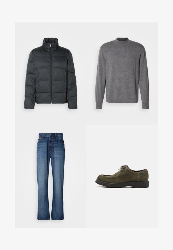 Sort polstret jakke med høj krave, frontlynlås og kviltet tekstur. Har en firkantet form og et subtilt ternet mønster.; Grå langærmet sweater lavet af strikket materiale, med en høj hals og et subtilt logo på brystet. Glat tekstur og tætsiddende design.; Blå denimjeans med høj talje, flagrende ben, fem-lommers design og tonal syning. Har en knaplukning og nitterede lommer.; Mørkegrønne ruskindsko med en glat tekstur, der har en afrundet tå, syninger og en sort gummisål.