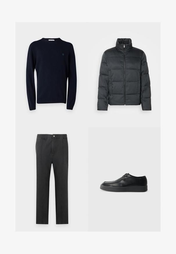 Zwarte gewatteerde jas met een hoge kraag, voorrits en een gegarneerde textuur. Heeft een boxy vorm en een subtiel ruitpatroon.; Marineblauw gebreid sweater met lange mouwen, ronde halslijn en een klein logo op de borst. Glad textuur en aansluitend ontwerp.; Zwarte broek met een elastische tailleband, een vlak voorkant, twee zijzakken en decoratieve stiksels. Geen zichtbare patronen of hardwaredetails.; Calvin Klein HYBRID CUP WALLABEE - Zakelijke veterschoenen - triple black