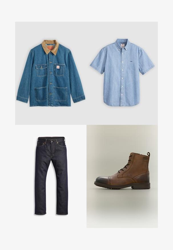 Blauwe spijkerjas met bruine corduroy kraag, vijf voorzakken, knoopsluiting en contrasterend stiksel. Klassiek ontwerp van werkkleding.; Lichtblauw denim overhemd met korte mouwen, een button-down kraag, knopen aan de voorkant en een klein logo op de linkerborst. Gladde textuur.; Donkerblauwe denim jeans met rechte snit, vijf zakken, metalen hardware en contrasterende oranje stiksels. Glad oppervlak, geen zichtbare patronen.; Bruine leren enkellaars met veters, zwarte neuskap, ronde zool en merkdetail aan de zijkant tegen een effen achtergrond.
