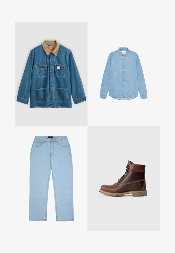 Blaue Jeansjacke mit braunem Cordkragen, fünf Fronttaschen, Knopfverschluss und kontrastierender Naht. Klassisches Arbeitsbekleidungdesign.; Hellblaues Denim-Hemd mit Knöpfen, langen Ärmeln, spitzem Kragen und abgerundetem Saum. Verfügt über eine vordere Knopfverschlussleiste und ein kleines Logodetail.; Hellblaue Jeans mit geradem Bein, Vordertaschen, Gürtelschlaufen, Knopfverschluss und sichtbaren Nahtdetails.; Braune Leder-Schnürstiefelette mit gepolsterter Knöchelpartie, kontrastierenden Nähten und robustem Sohlendesign, von der Außenseite auf einem weißen Hintergrund gezeigt.