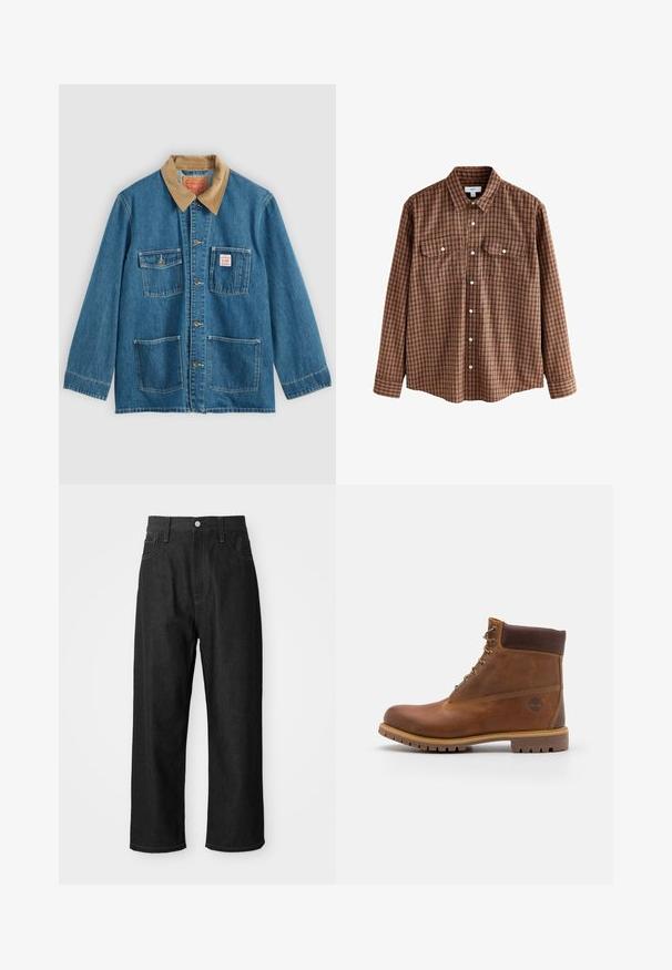Blå denimjakke med brunt fløjlsflip, fem forlommer, knaplukning og kontrastsyning. Klassisk arbejdsklær-design.; Brun og orange ternet langærmet skjorte med knaplukning foran, to brystlommer og krave. Lavet af blødt stof.; Sorte denimbukser med afslappet fit, høj talje, lynlåslukning og fem-lomme design. Synlig syning som accentuerer bukserne.; Brun læder vandrestøvle med en glat finish, polstret ankel, metalliske snørehuller og en gummisål med et robust dækmønster.