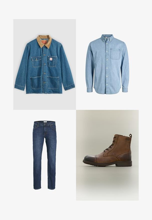Blå denimjakke med brunt fløjlsflip, fem forlommer, knaplukning og kontrastsyning. Klassisk arbejdsklær-design.; Lyseblå denimskjorte med knapper, lange ærmer, krave, brystlomme og subtil tekstur. Har hvide knapper langs knapstolpen.; Mørkeblå denim jeans med lige ben pasform, fem-lomme design og synlige syninger detaljer. Klassisk knap- og lynlås-lukning.; Brun læderstøvle med snørebånd, sort tåhætte, rund sål og mærket detalje på siden mod ensfarvet baggrund.