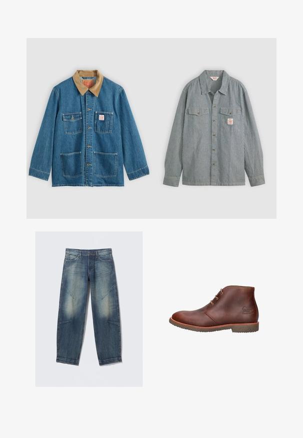 Blauwe spijkerjas met bruine corduroy kraag, vijf voorzakken, knoopsluiting en contrasterend stiksel. Klassiek ontwerp van werkkleding.; Gestreepte overhemden in blauw en wit, met een kraag, twee borstzakken en een klein label. Gemaakt van lichtgewicht stof.; Lichtblauwe denim jeans met een losse pasvorm, voorzien van vervaagde vlekken, voorzakken en diagonale naadtoevoegingen. Rechte pijp ontwerp.; Bruine leren enkellaars met drie oogjes voor veters, rubberen zool en een reliëflogo aan de zijkant.