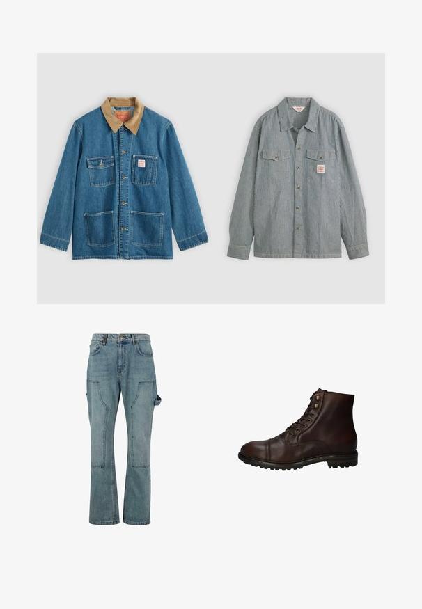 Blaue Jeansjacke mit braunem Cordkragen, fünf Fronttaschen, Knopfverschluss und kontrastierender Naht. Klassisches Arbeitsbekleidungdesign.; Gestreifte Hemd in Blau und Weiß, mit Kragen, zwei Brusttaschen und einem kleinen Etikett. Hergestellt aus leichtem Stoff.; Hellblaue Denim-Cargo-Hose mit geradem Bein, ausgestattet mit mehreren Taschen und einem Knopfverschluss an der Taille.; Dunkelbraune Leder Schnürstiefelette mit robustem Gummisohlen und Metallösen, von der Außenseite betrachtet.