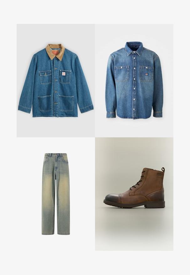 Blå denimjakke med brunt fløjlsflip, fem forlommer, knaplukning og kontrastsyning. Klassisk arbejdsklær-design.; Denimskjorte i mellemblå, med spidse kraver, to brystlommer og sølvknapper. Lange ærmer med knapmanchetter.; Lyseblå denim wide-leg jeans med en falmet gradient, som har fem lommer og en klassisk talje med bæltestropper.; Brun læderstøvle med snørebånd, sort tåhætte, rund sål og mærket detalje på siden mod ensfarvet baggrund.