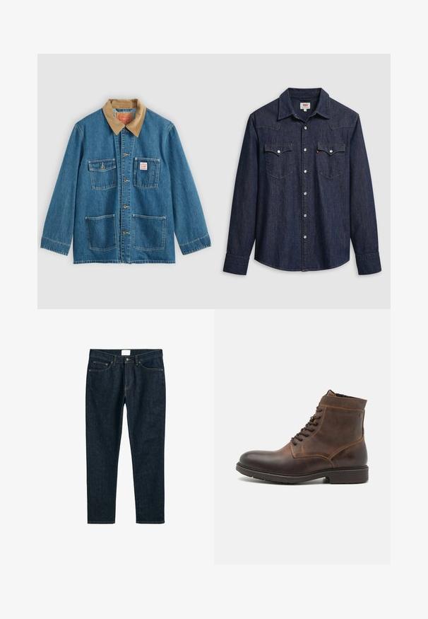 Veste en denim bleu avec col en velours côtelé marron, cinq poches avant, fermetures à boutons et coutures contrastées. Design classique de vêtement de travail.; Chemise en denim bleu foncé avec col pointu, boutons-pression et poches poitrine. Comprend des détails de couture et des manches longues.; Jean en denim bleu foncé, coupe droite, avec cinq poches, fermeture boutonnée et couture contrastante. Texture lisse avec un design classique.; Jack & Jones JFWDELANEY BOOT - Bottines à lacets - cognac