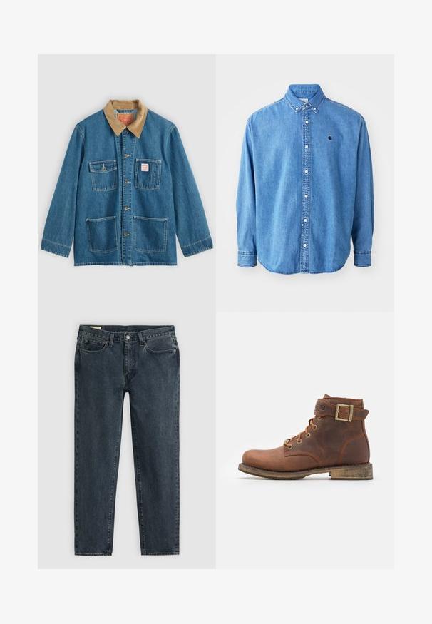 Blaue Jeansjacke mit braunem Cordkragen, fünf Fronttaschen, Knopfverschluss und kontrastierender Naht. Klassisches Arbeitsbekleidungdesign.; Denim-Hemd mit Knöpfen, hellblau, mit Punktkragen, langen Ärmeln und kleinem Logo auf der Brust. Verfügt über weiße Knöpfe und genähte Nähte.; Dunkelblaue Denim-Jeans mit geradem Bein, fünf Taschen und einem Knopfverschluss. Subtile Ausbleichungen verleihen dem Stoff Textur.; Harley Davidson VNTGMOTO SHORT RIDING APPROVED - Cowboy-/Bikerstiefelette - brown