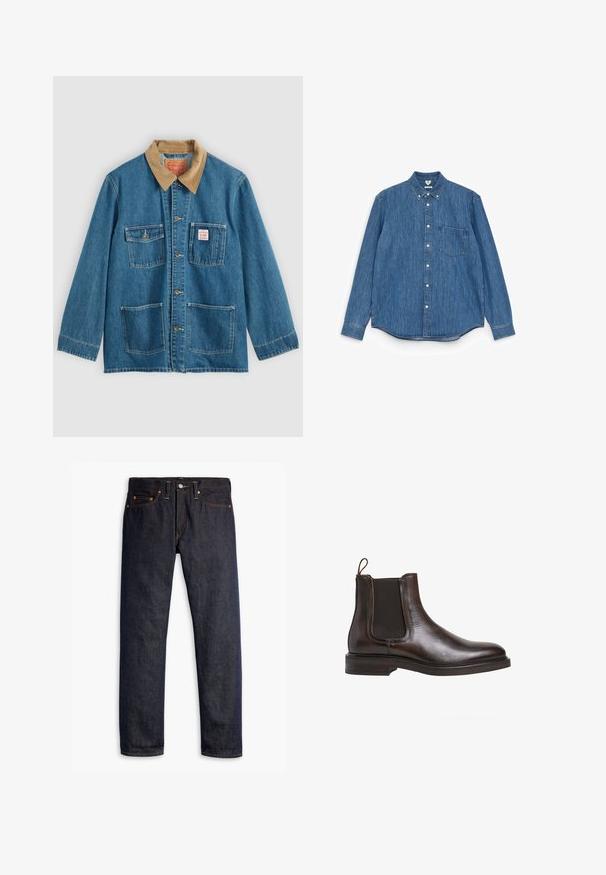 Chaqueta azul de mezclilla con cuello de pana marrón, cinco bolsillos frontales, cierres de botones y costuras en contraste. Diseño clásico de ropa de trabajo.; Camisa de mezclilla azul de manga larga con cuello puntiagudo, botones blancos, un bolsillo en el pecho y un dobladillo recto. Textura uniforme y peso medio.; Vaqueros de denim azul oscuro con corte recto, diseño de cinco bolsillos, remaches de cobre, costuras amarillas y una tela texturizada distintiva.; Botín Chelsea de cuero marrón con paneles laterales elásticos, tirador en bucle y un tacón bajo apilado. Textura suave y silueta elegante.