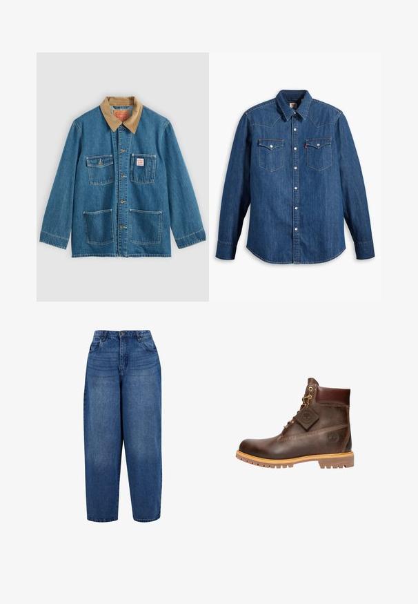 Blå denimjakke med brunt fløjlsflip, fem forlommer, knaplukning og kontrastsyning. Klassisk arbejdsklær-design.; Denim skjorte i mørkeblå med lange ærmer, spids krave og trykknapper. Har to brystlommer med klapper og kontrastsying.; Højtaljede straight-leg jeans i mellemblå denim. Har fem-lomme design, metalknap lukning og dobbelt-stitchet kant.; Brun læder ankelstøvle med rund tå, solid sål, hardware i guldtone og en tekstureret overdel. Inkluderer et logo-tagfæstet.