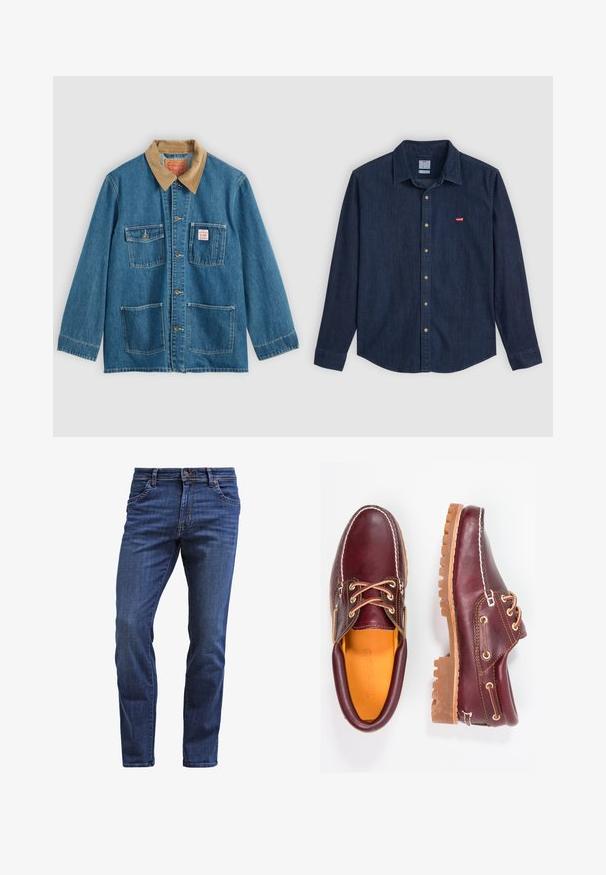 Veste en denim bleu avec col en velours côtelé marron, cinq poches avant, fermetures à boutons et coutures contrastées. Design classique de vêtement de travail.; Chemise en denim foncé à boutons avec un col pointu, des manches longues et un petit logo rouge sur la poitrine. Elle présente des boutons en laiton et une coupe classique.; Jean en denim bleu foncé avec une coupe droite, comportant cinq poches, une fermeture à bouton et des effets d'usure subtils sur les cuisses.; Chaussures en cuir bourgogne avec semelles en caoutchouc marron, bout rond, couture blanche et œillets dorés. L'intérieur présente une doublure jaune.