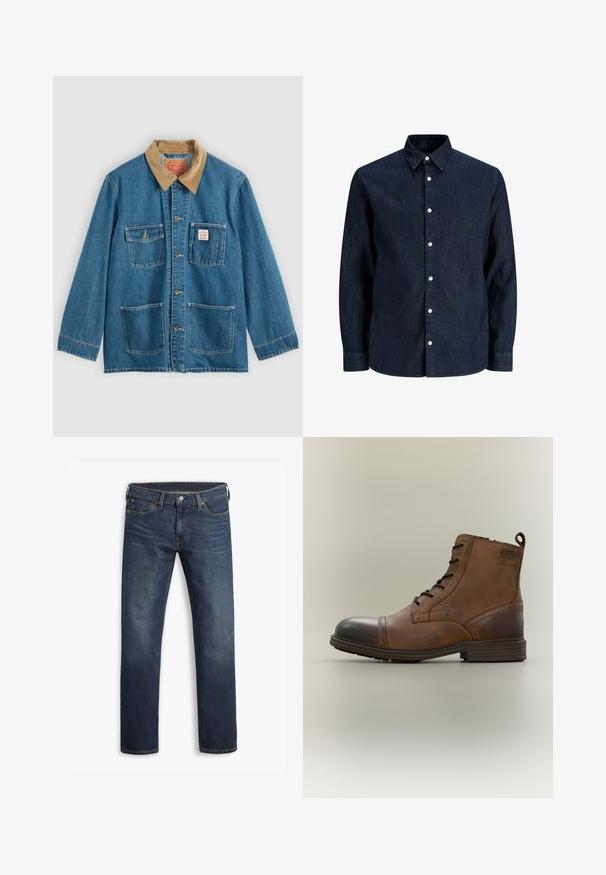 Blaue Jeansjacke mit braunem Cordkragen, fünf Fronttaschen, Knopfverschluss und kontrastierender Naht. Klassisches Arbeitsbekleidungdesign.; Dunkelblaues Jeanshemd mit langen Ärmeln, weißen Knöpfen und spitzem Kragen, auf weißem Hintergrund gezeigt.; Dunkelblaue Herren-Jeans mit geradem Bein, fünf Taschen und Knopfverschluss, flach auf weißem Hintergrund gezeigt.; Brauner Leder-Schnürstiefel bis zum Knöchel mit schwarzer Zehenkappe, runder Sohle und Markenlabel an der Seite vor schlichtem Hintergrund.