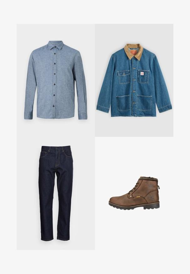 Blå denimjakke med brunt fløjlsflip, fem forlommer, knaplukning og kontrastsyning. Klassisk arbejdsklær-design.; Langærmet button-up skjorte i lyseblåt stof med tekstureret væv, med krave og seks mørkeblå knapper ned ad fronten.; Mørkeblå denimjeans med lige pasform, fem lommer og kontrasterende gul syning. Designet med en klassisk knap- og lynlåslukning.; Brune læder ankelstøvle med afrundet tå, snørebåndsdesign, polstret krave og tekstureret gummisål. Har logo og metal-accenter.